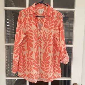 Rachel Zoe 100% Linen Top Button Down Women’s Large Coral Leaf Floral Longline